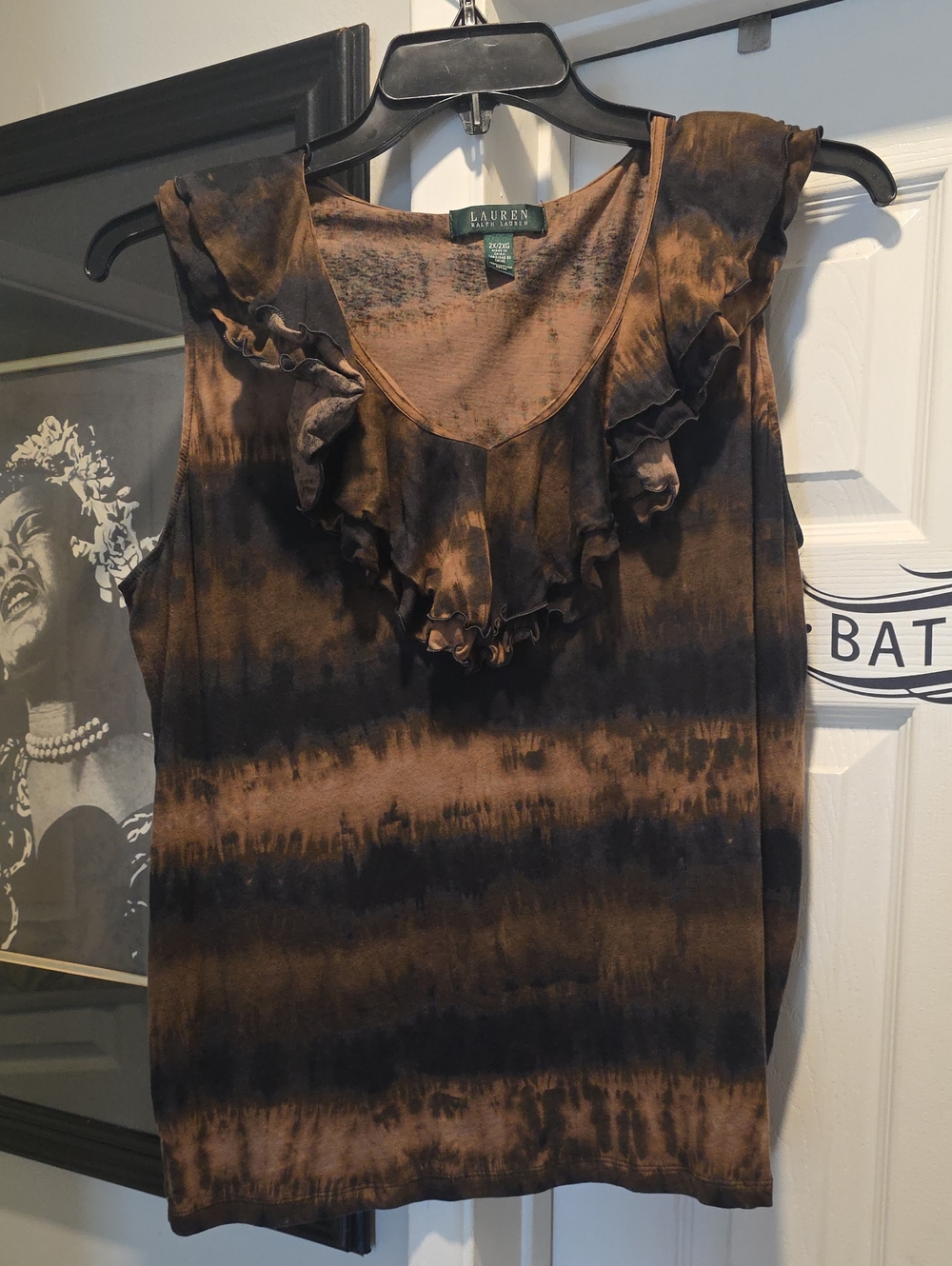 Lauren Ralph Lauren Brown and Black Tie-Dye Ruffle V-Neck Camisole